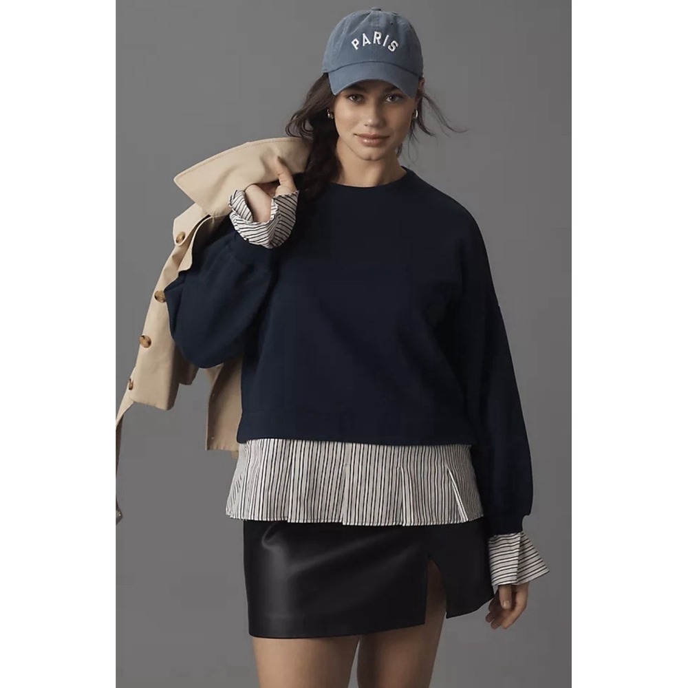 Maeve Anthropologie Layered Sweatshirt Blouse Top Navy Striped Hem Oversized S/M